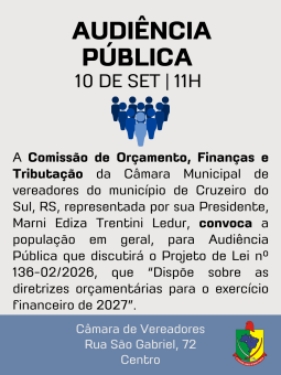 Câmara de Cruzeiro do Sul convoca Audiência Pública